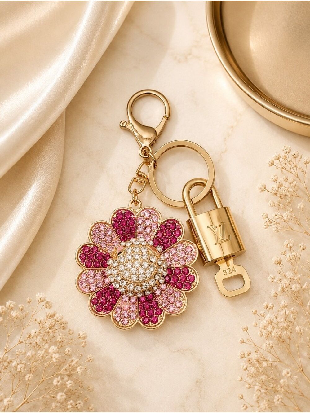 Authentic Louis Vuitton Lock & Key with Unbranded Flower Charm, Keychain